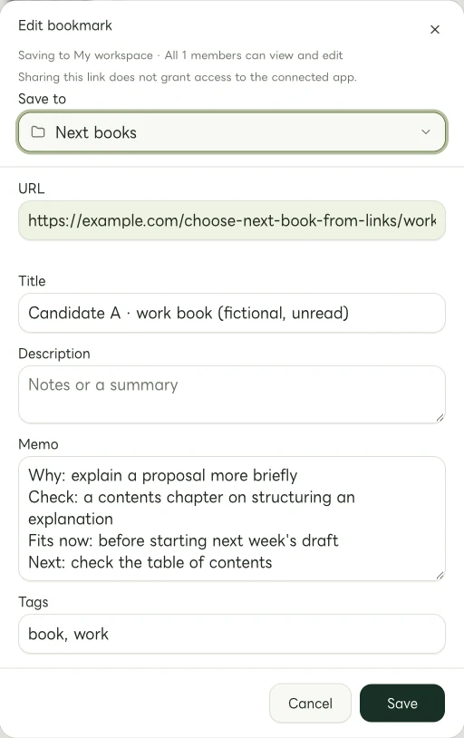 Actual Web edit dialog showing a manually entered memo for Candidate A · work book (fictional, unread)