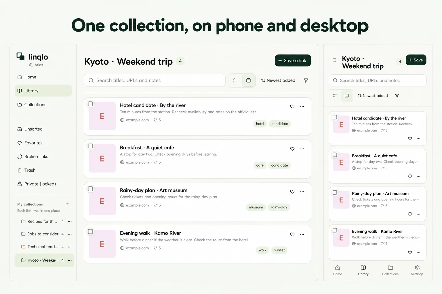One collection, on phone and desktop — illustration based on actual linqlo screens