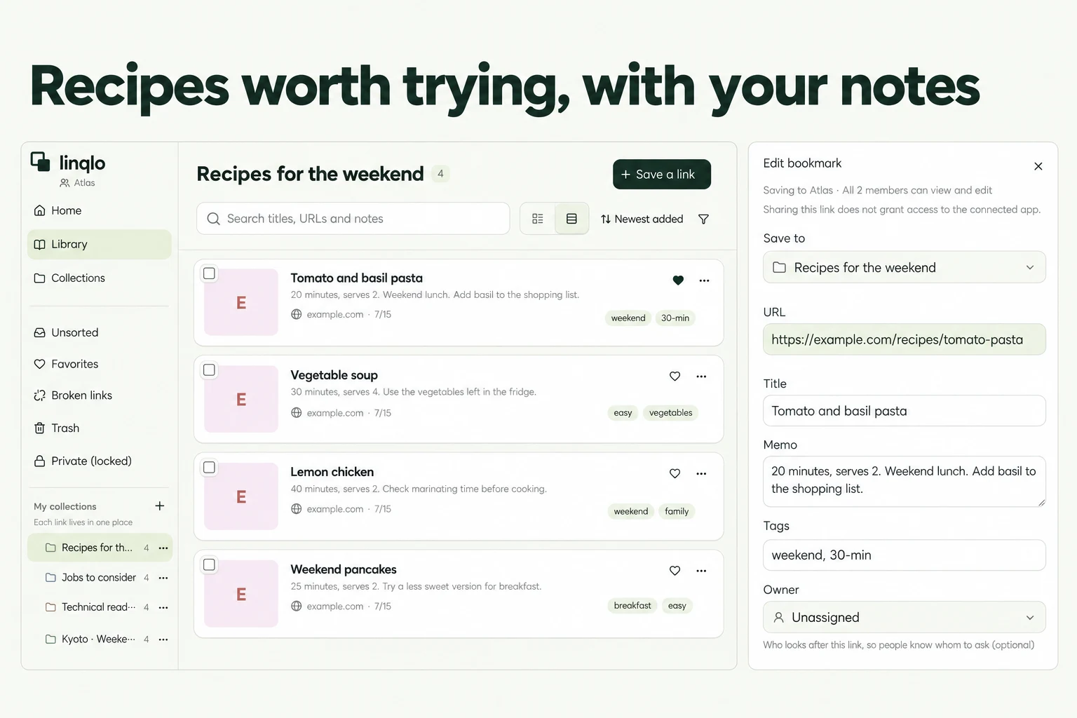 Recipes worth trying, with your notes — illustration based on actual linqlo screens