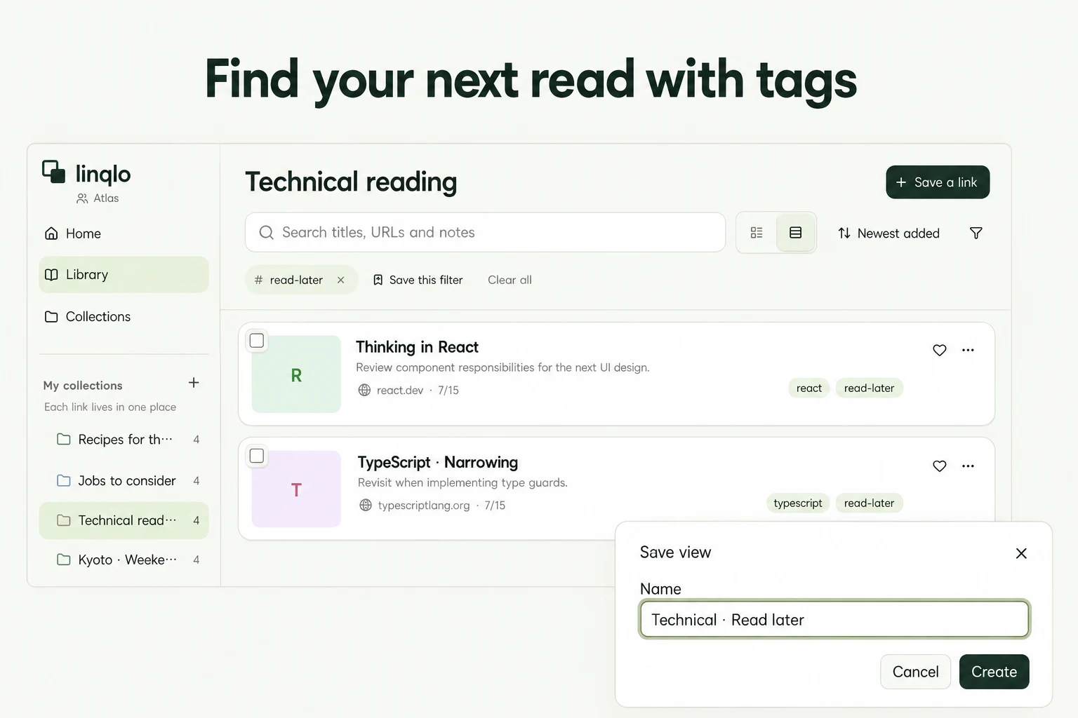Find your next read with tags — illustration based on actual linqlo screens