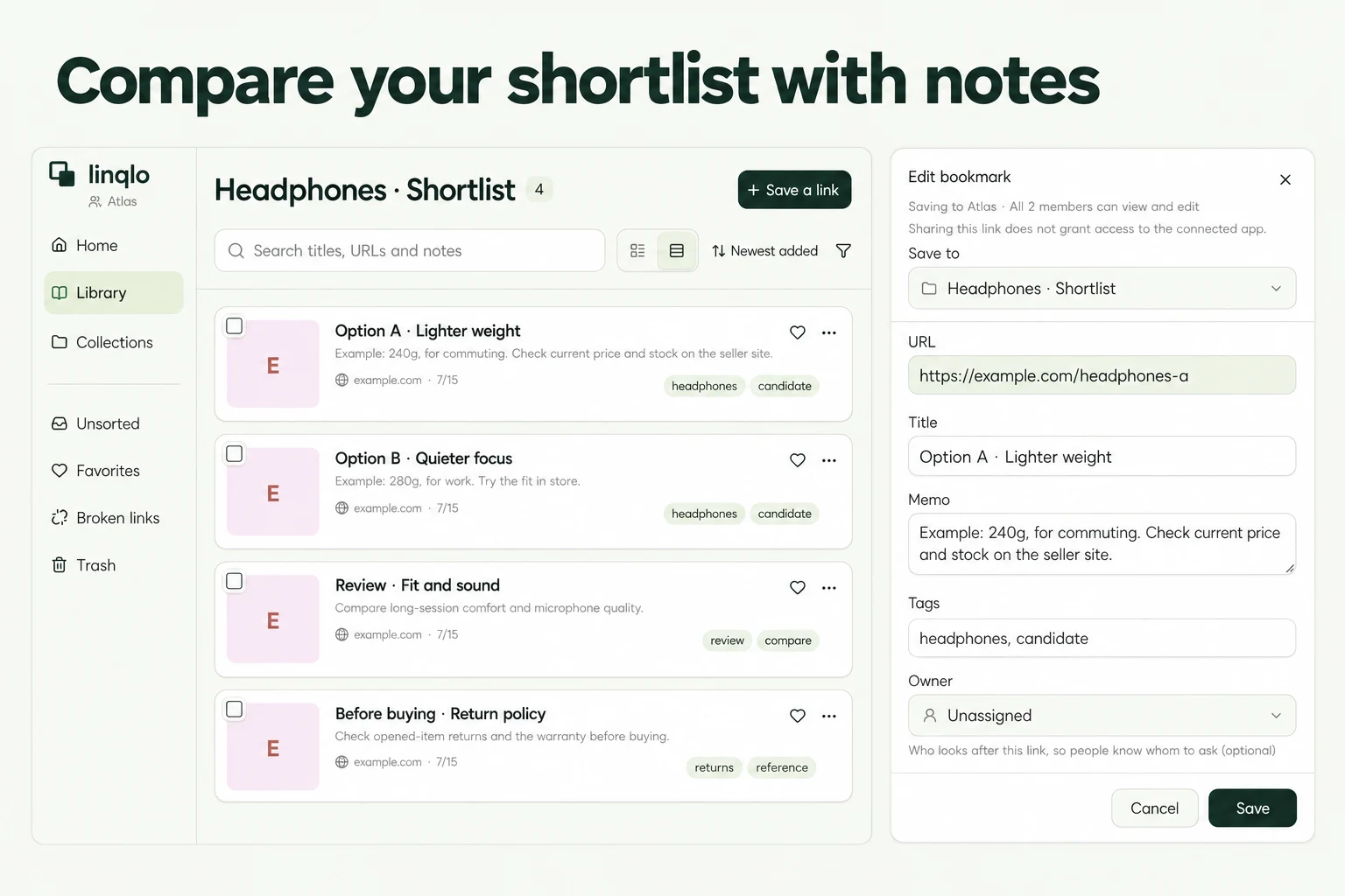 Compare your shortlist with notes — illustration based on actual linqlo screens
