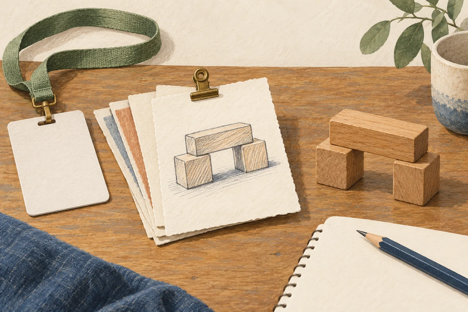 Generated image of a block sketch beside matching wooden blocks, a blank badge, and a notebook