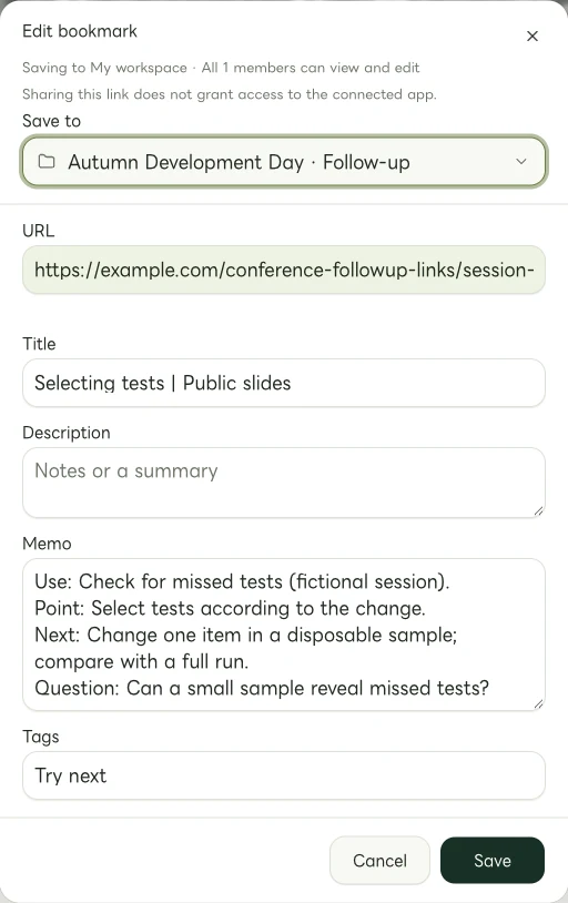 Actual Web edit dialog showing a manually entered memo for Selecting tests | Public slides
