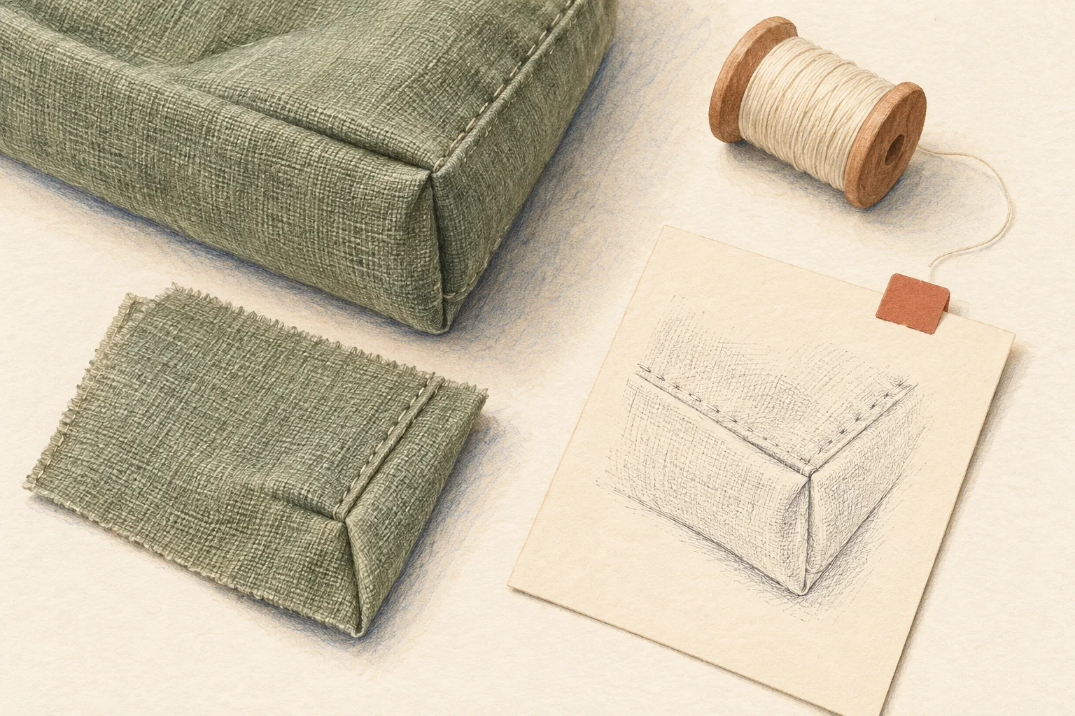 Illustration of a fabric corner, a stitched sample, a spool of thread, and a corner sketch