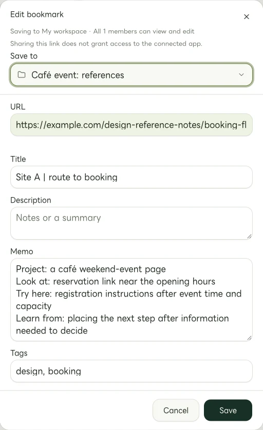 Actual Web edit dialog showing a manually entered memo for Site A | route to booking