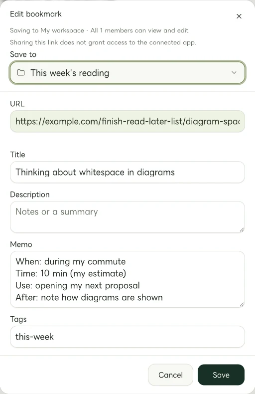 Actual Web edit dialog showing a reading-time memo and this-week tag in This week’s reading