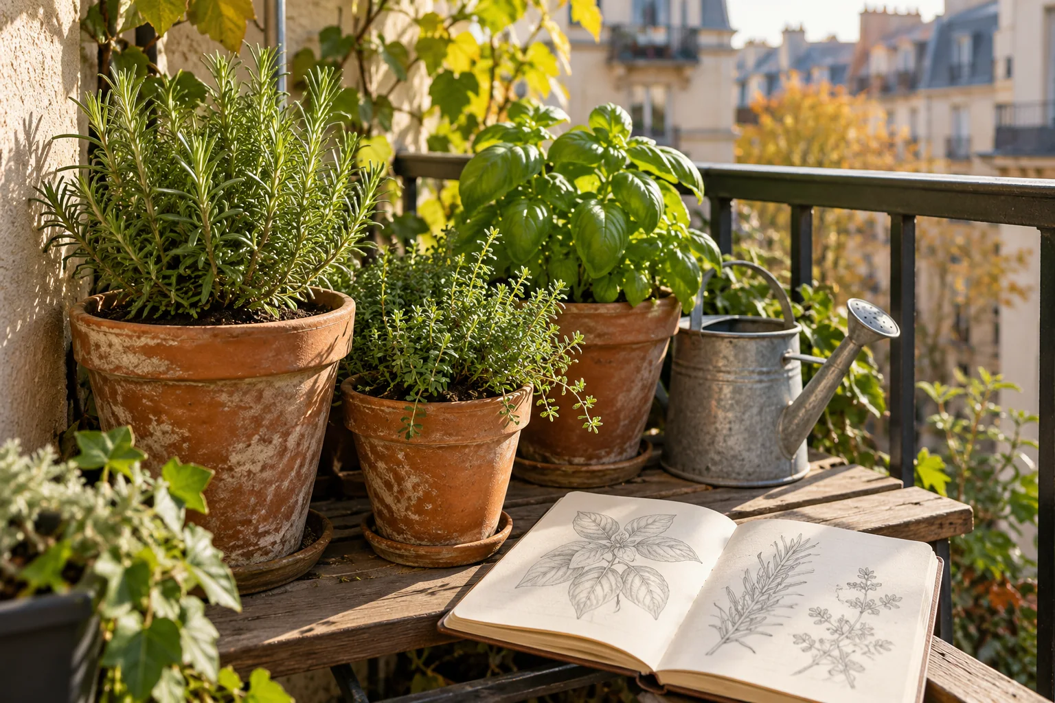 AI-generated image of balcony pots, a watering can, and an open notebook of plant sketches