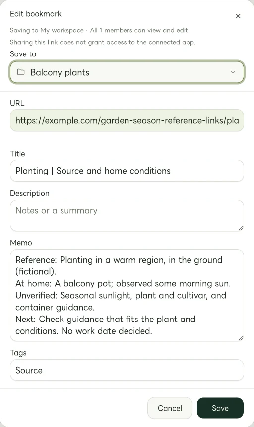 Actual Web edit dialog showing a manually entered memo for Planting | Source and home conditions