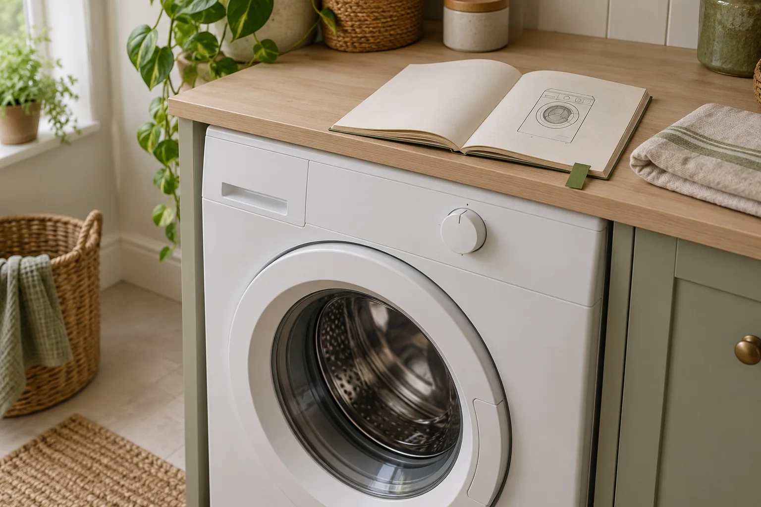 AI-generated image of a washing machine below an open manual illustrated with an appliance