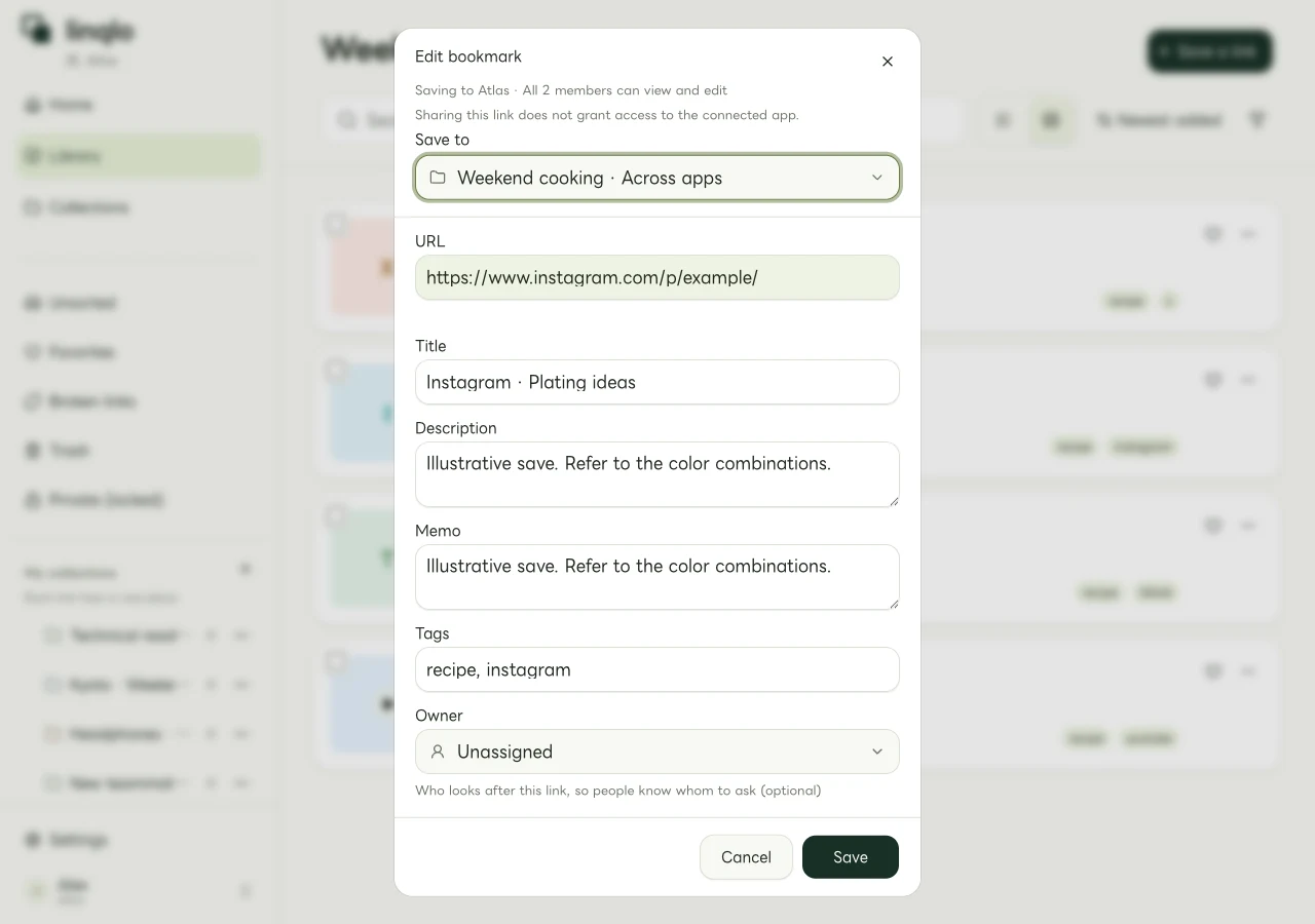 Web editor for a Instagram URL, title, and note (fictional data)