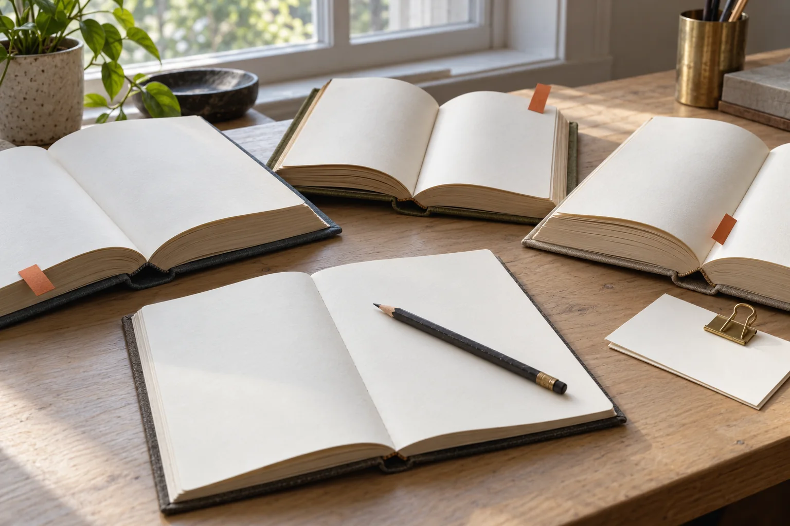 Generated illustration of blank books with page markers beside a notebook and pencil