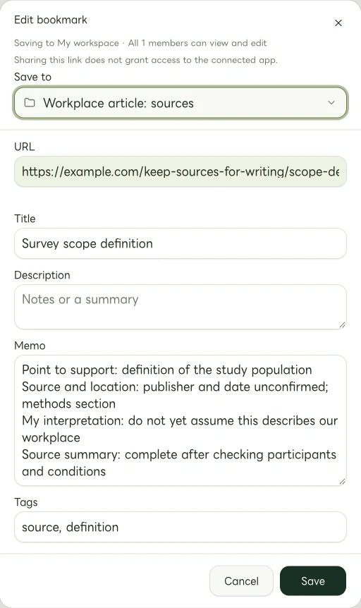 Actual Web edit dialog showing a manually entered memo for Survey scope definition