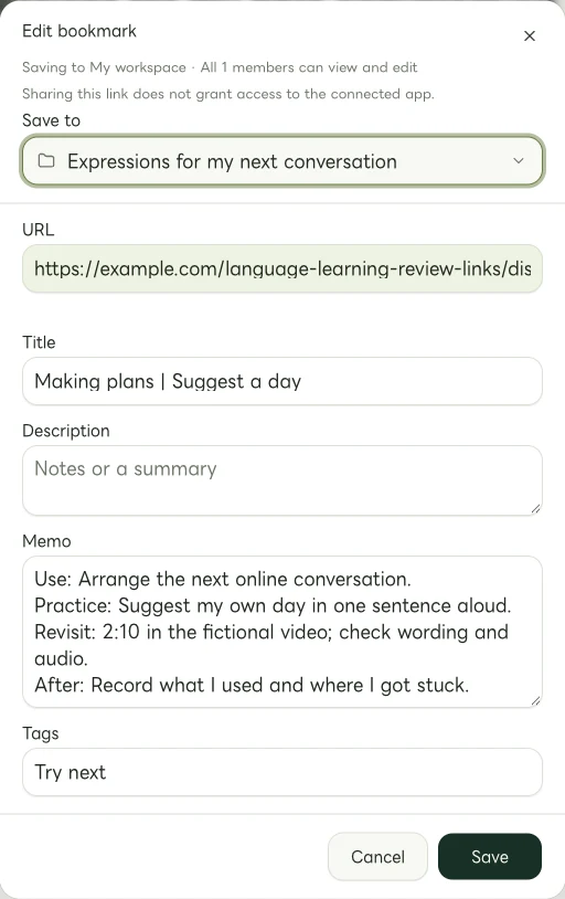 Actual Web edit dialog showing a manually entered memo for Making plans | Suggest a day