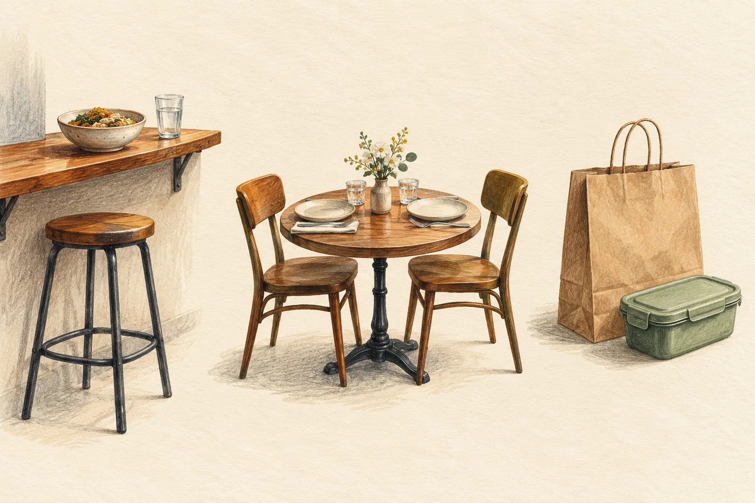 Illustration of a solo counter seat, a table for two, and a takeout bag and container