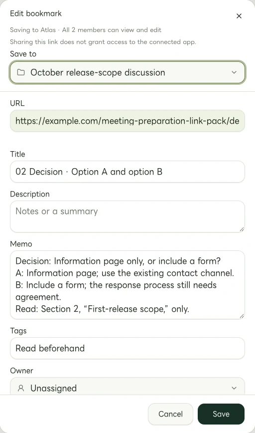 Actual Web edit dialog showing a manually entered memo for 02 Decision · Option A and option B