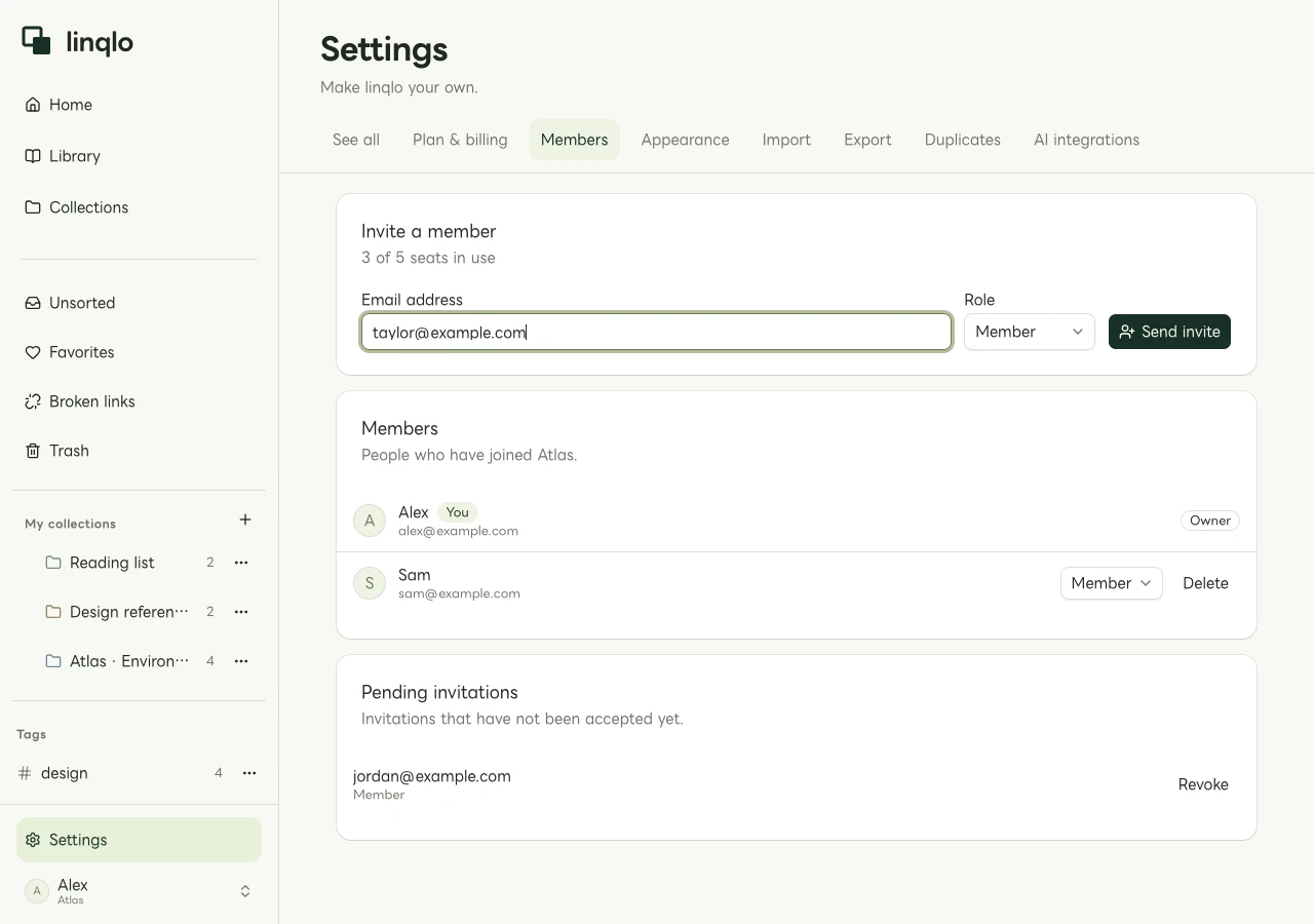 Members and invitations for a linqlo workspace