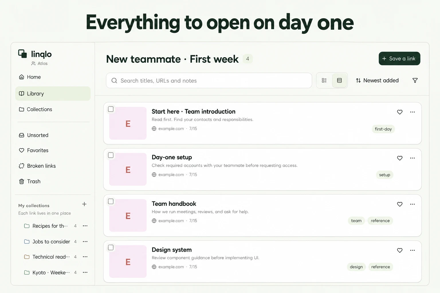Everything to open on day one — illustration based on actual linqlo screens