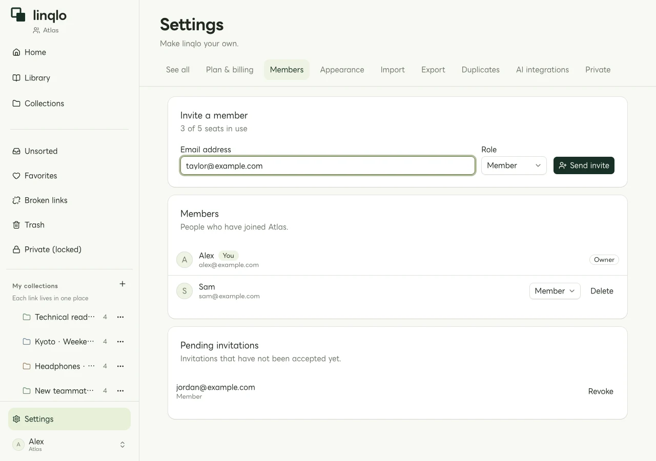 Web invitation form with a fictional email address and role