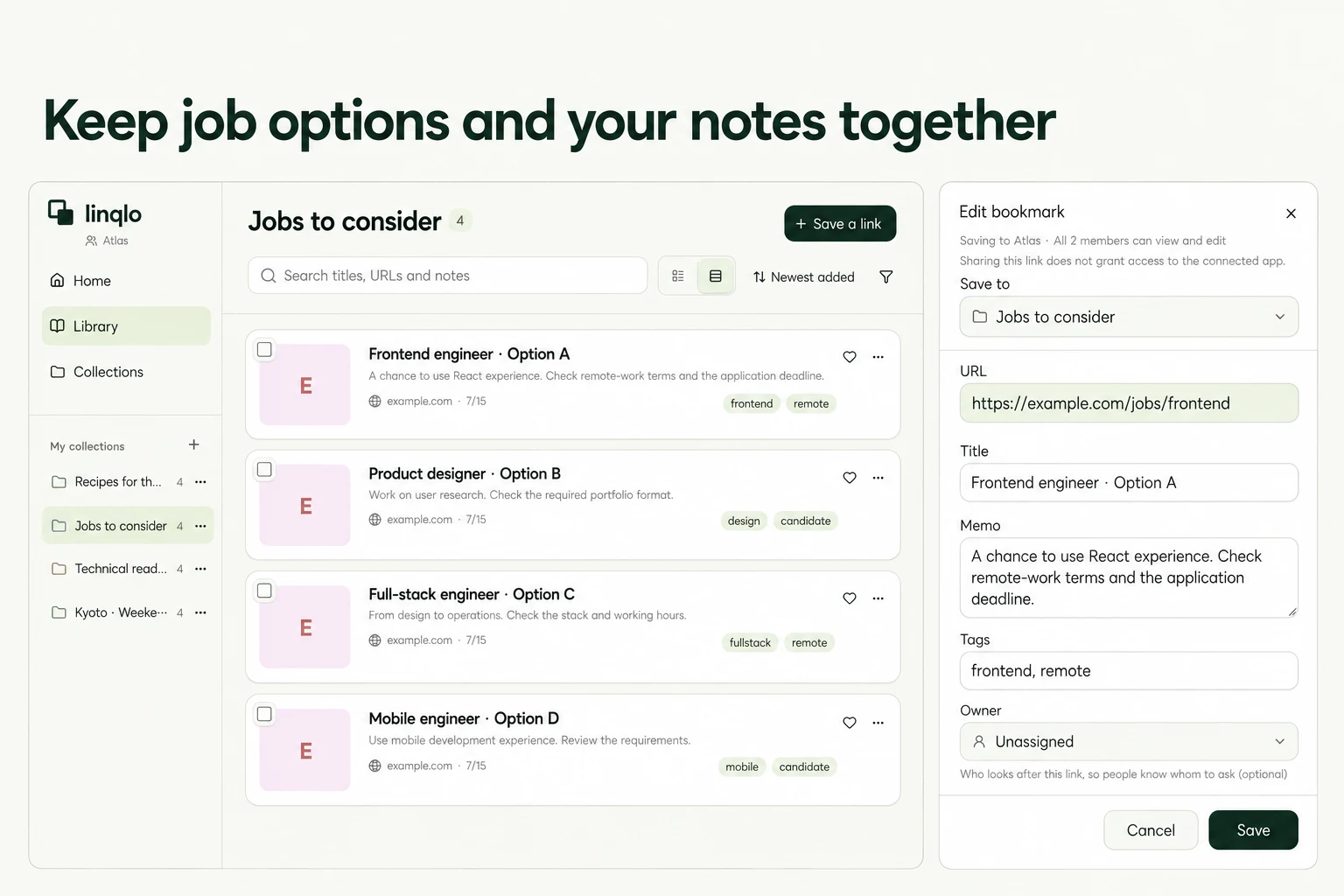 Keep job options and your notes together — illustration based on actual linqlo screens