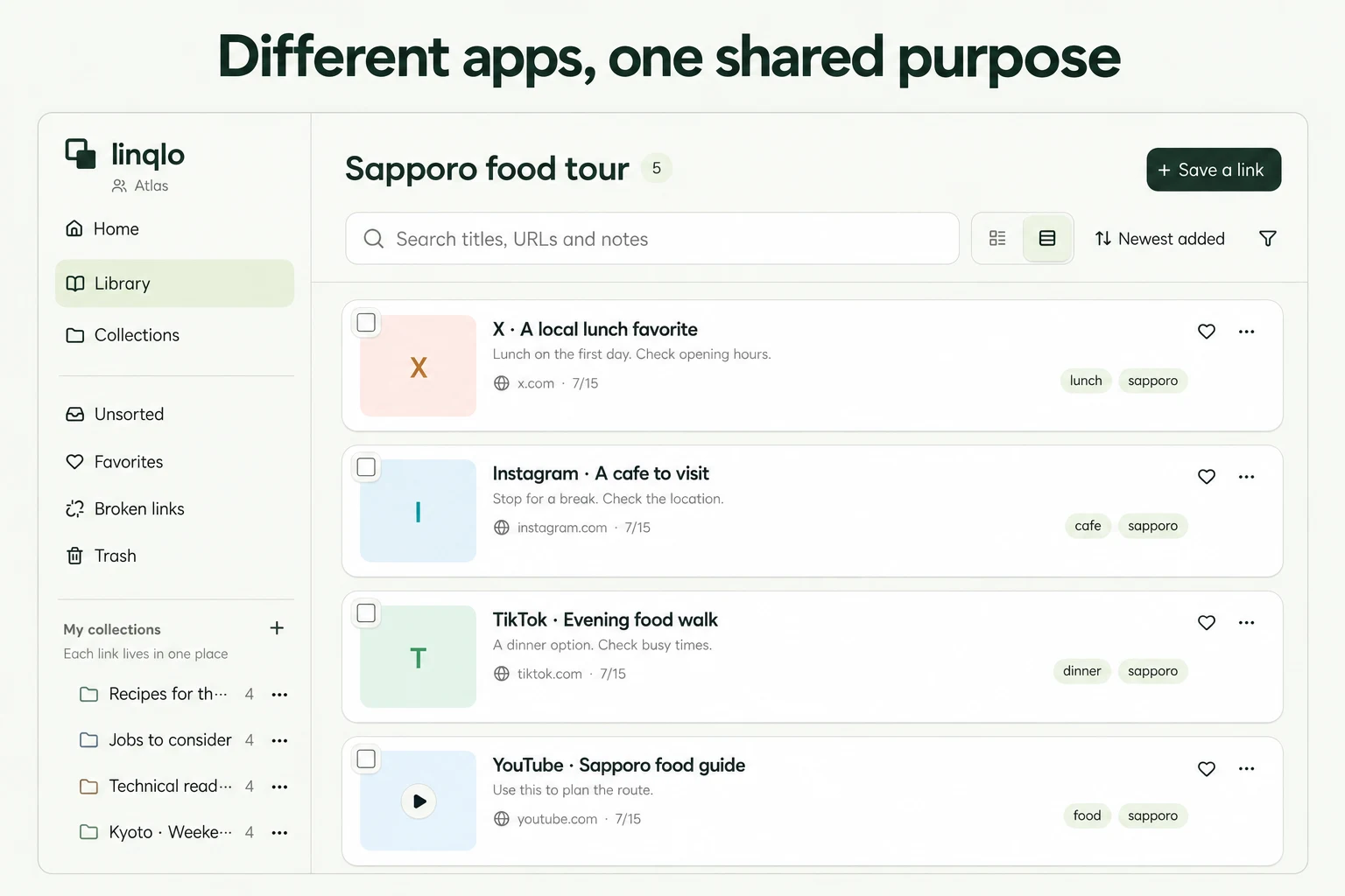 Different apps, one shared purpose — illustration based on actual linqlo screens