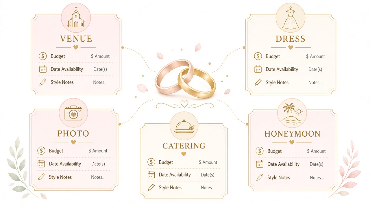 Keep wedding options and your planning notes together — illustration based on actual linqlo screens