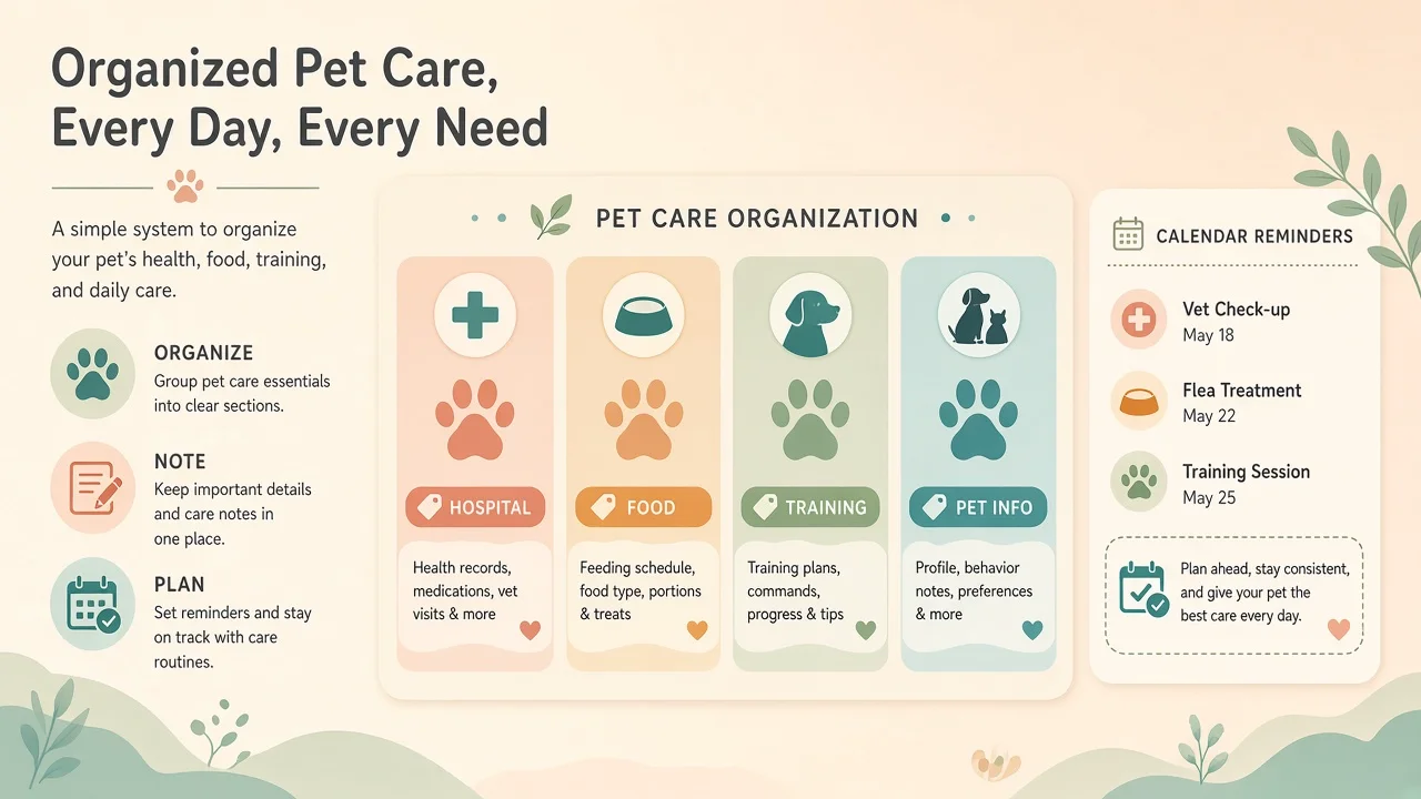 Web editing screen organizing pet care information and schedule memos in linqlo