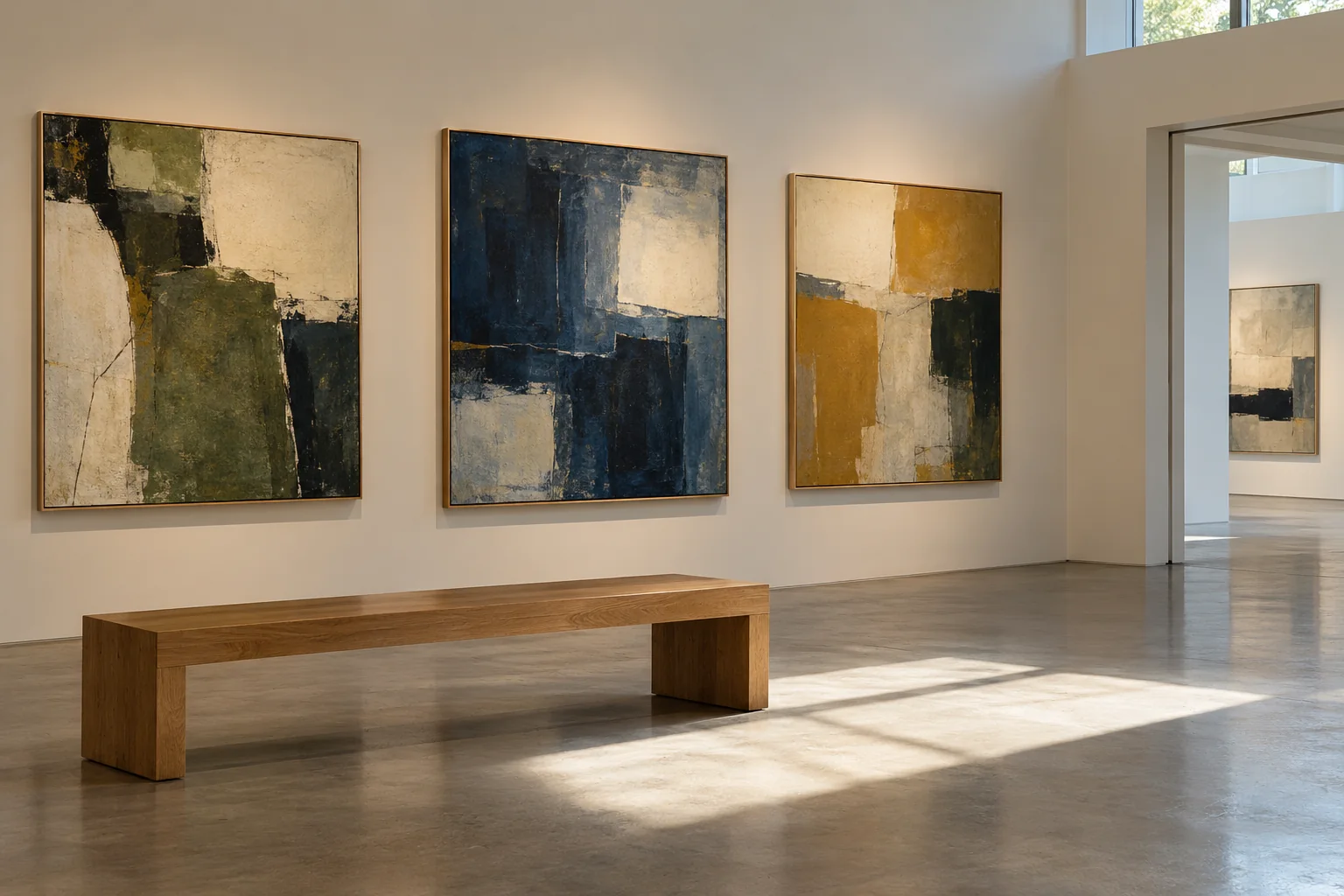 AI-generated image of an imagined sunlit gallery with abstract paintings and a wooden bench