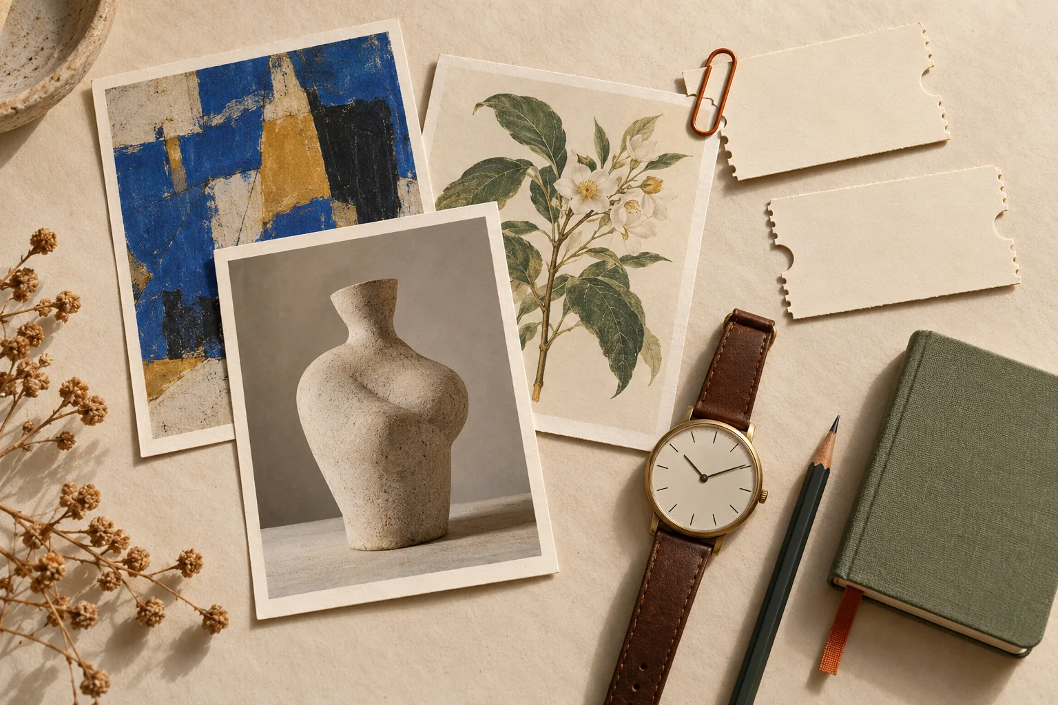 AI-generated image of abstract-art, botanical, and pottery postcards beside blank tickets, a watch, and a notebook
