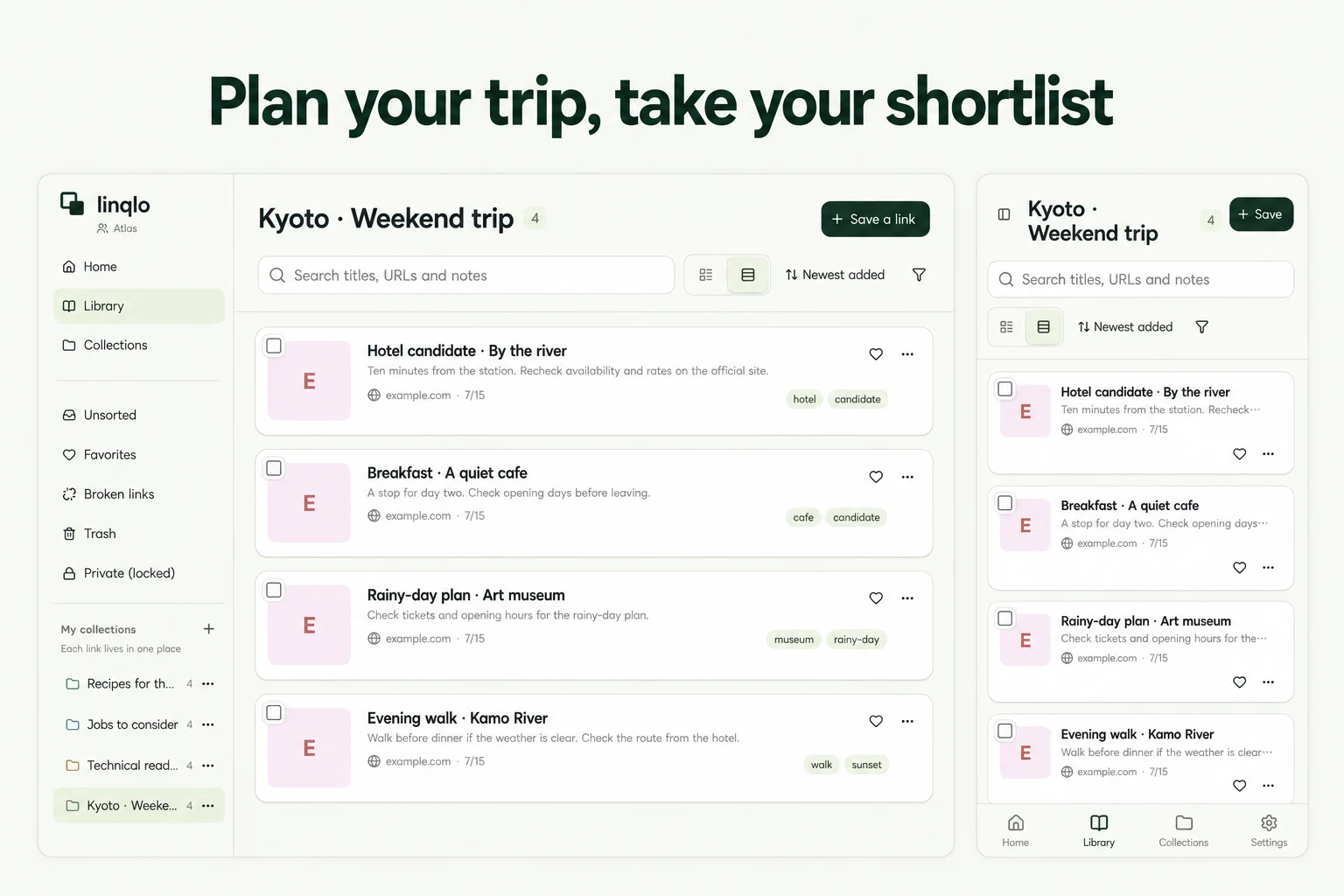 Plan your trip, take your shortlist — illustration based on actual linqlo screens