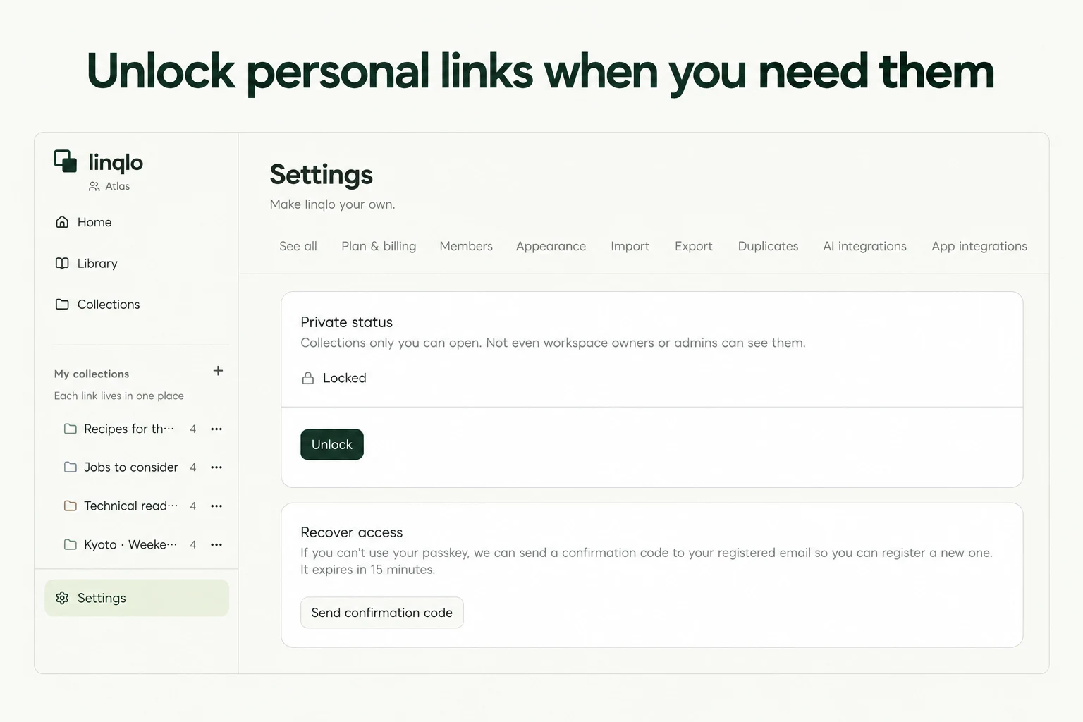 Unlock personal links when you need them — illustration based on actual linqlo screens