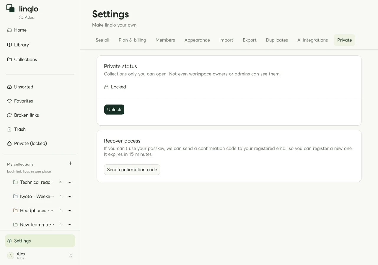 Web settings showing Private locked