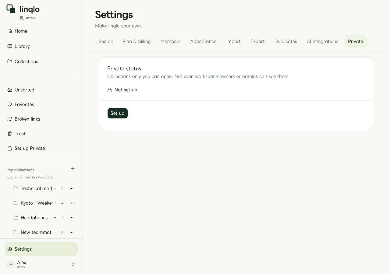 Web private settings before setup (illustrative state)