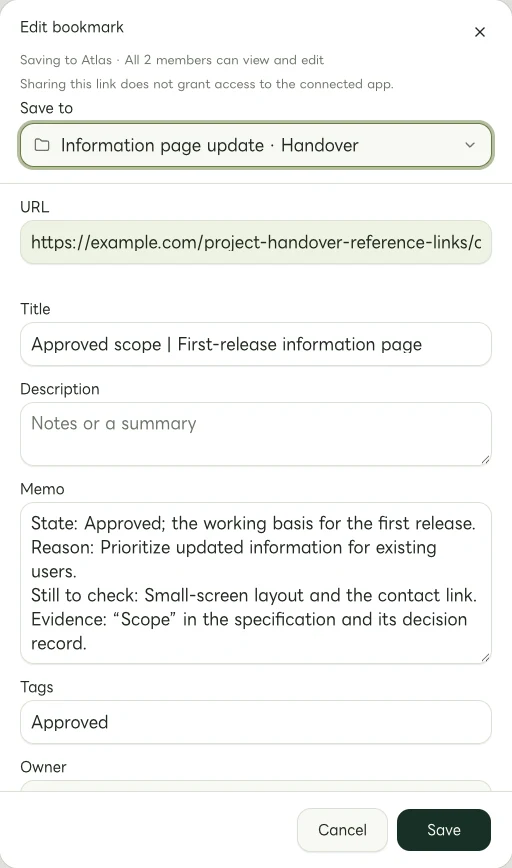 Actual Web edit dialog showing a manually entered memo for Approved scope | First-release information page