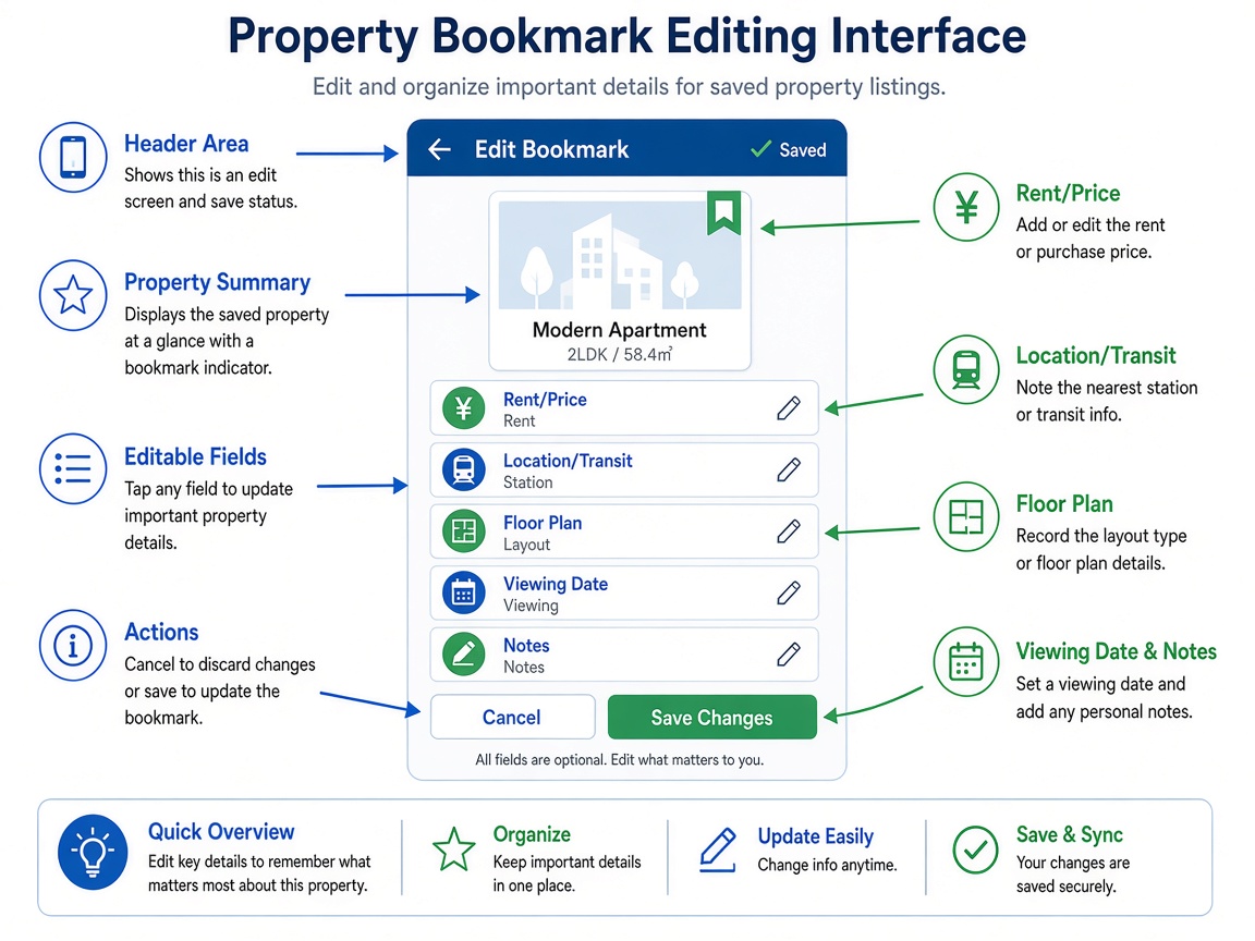 Editing a property bookmark with rent and viewing notes in linqlo