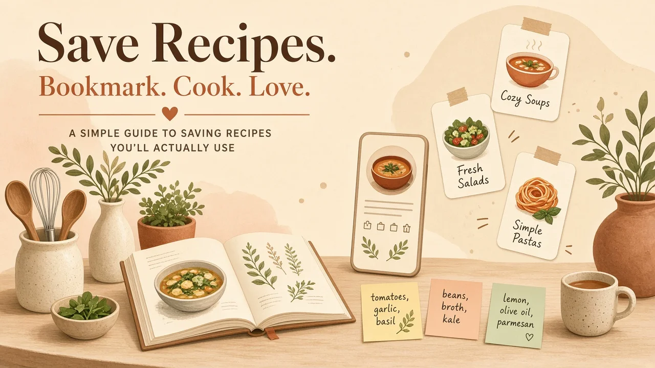 Illustration of recipe cards organized in a kitchen setting