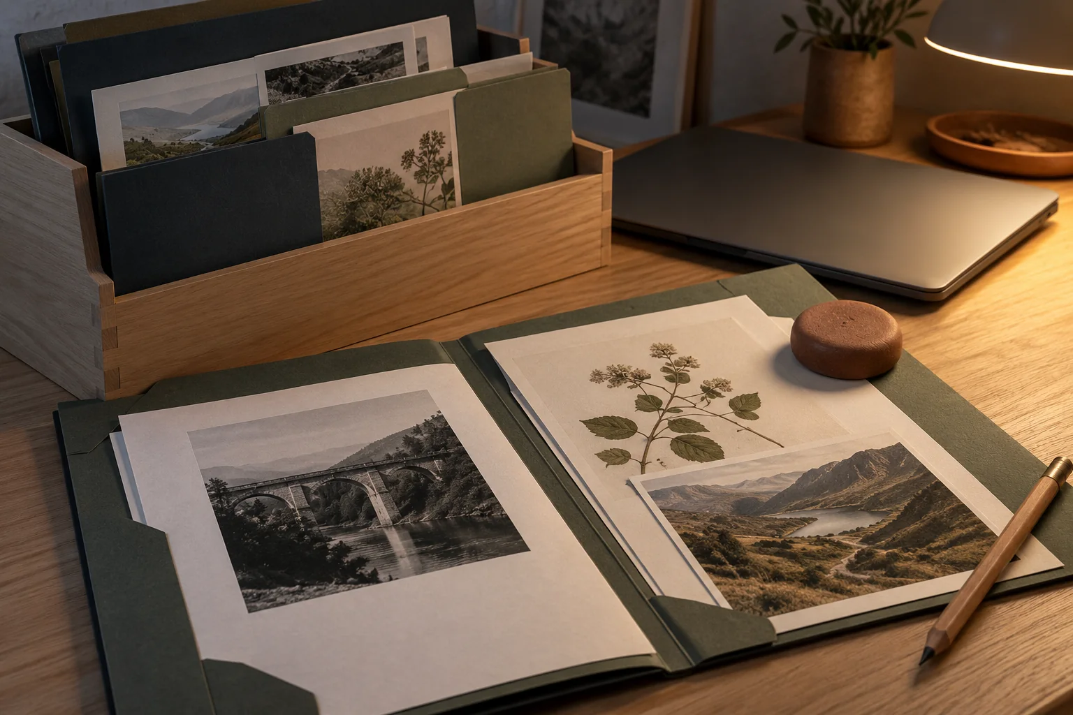 Generated illustration of an open folder of landscape and botanical prints beside a closed laptop