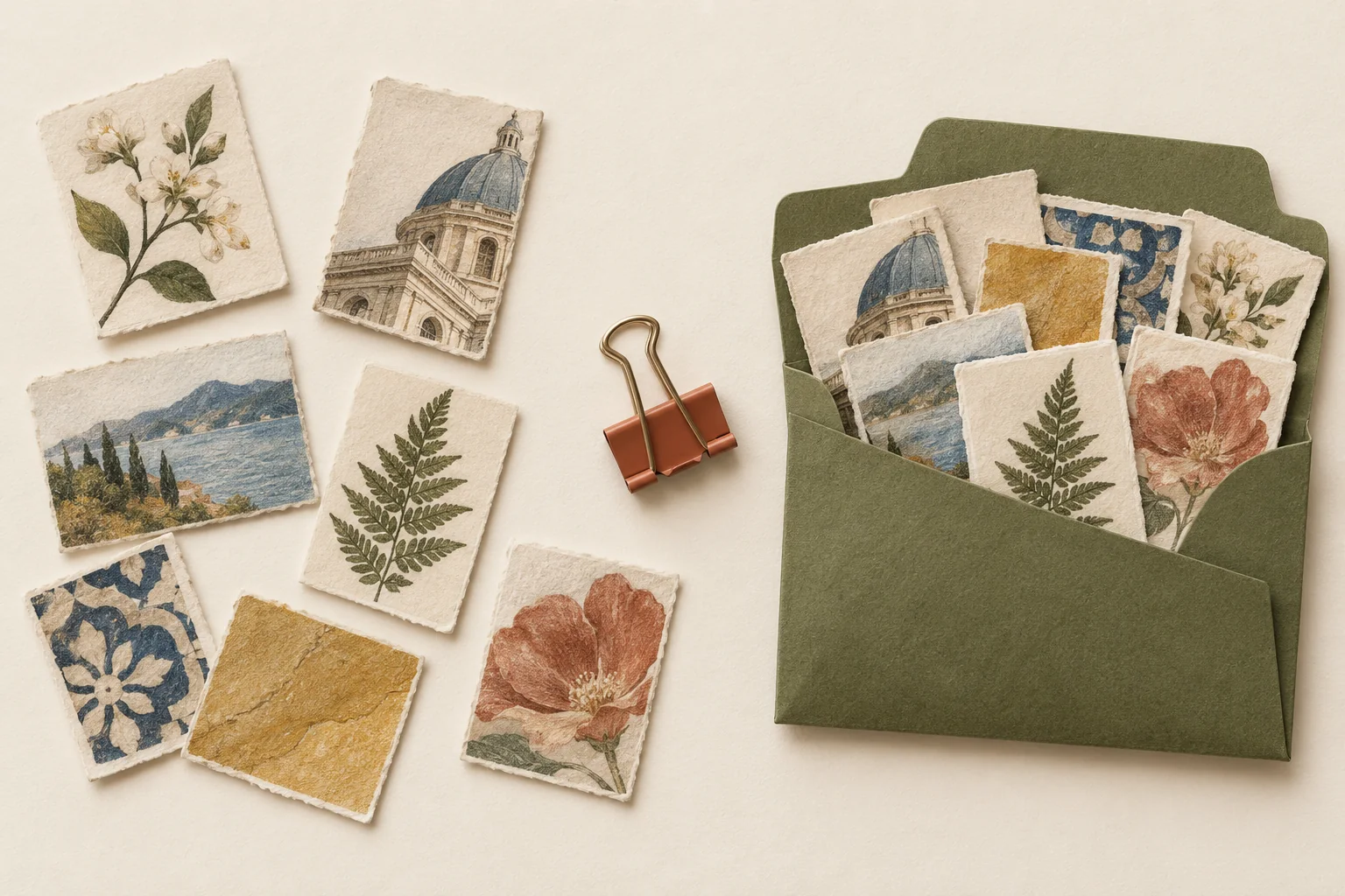 Generated illustration of selected landscape and botanical paper images beside a green envelope