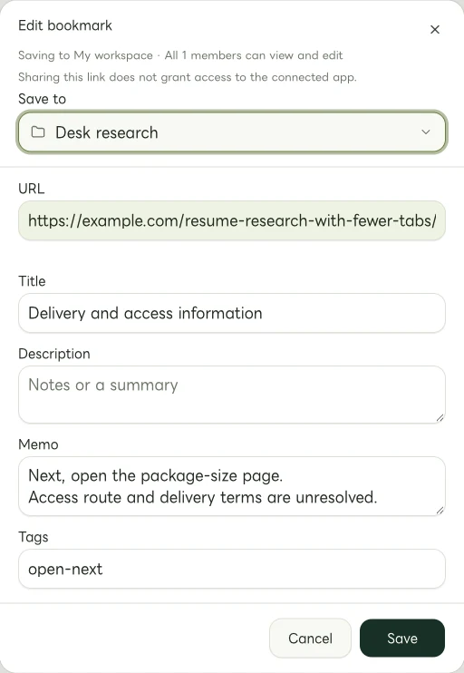 Actual Web edit dialog showing the next action and open-next tag on the delivery link in Desk research