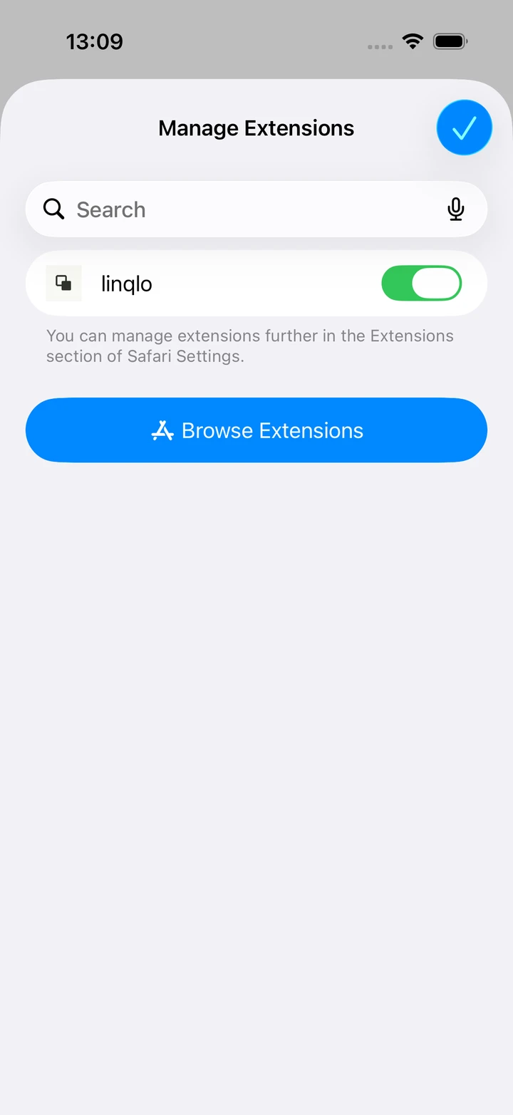 linqlo enabled in Safari Manage Extensions (Simulator)