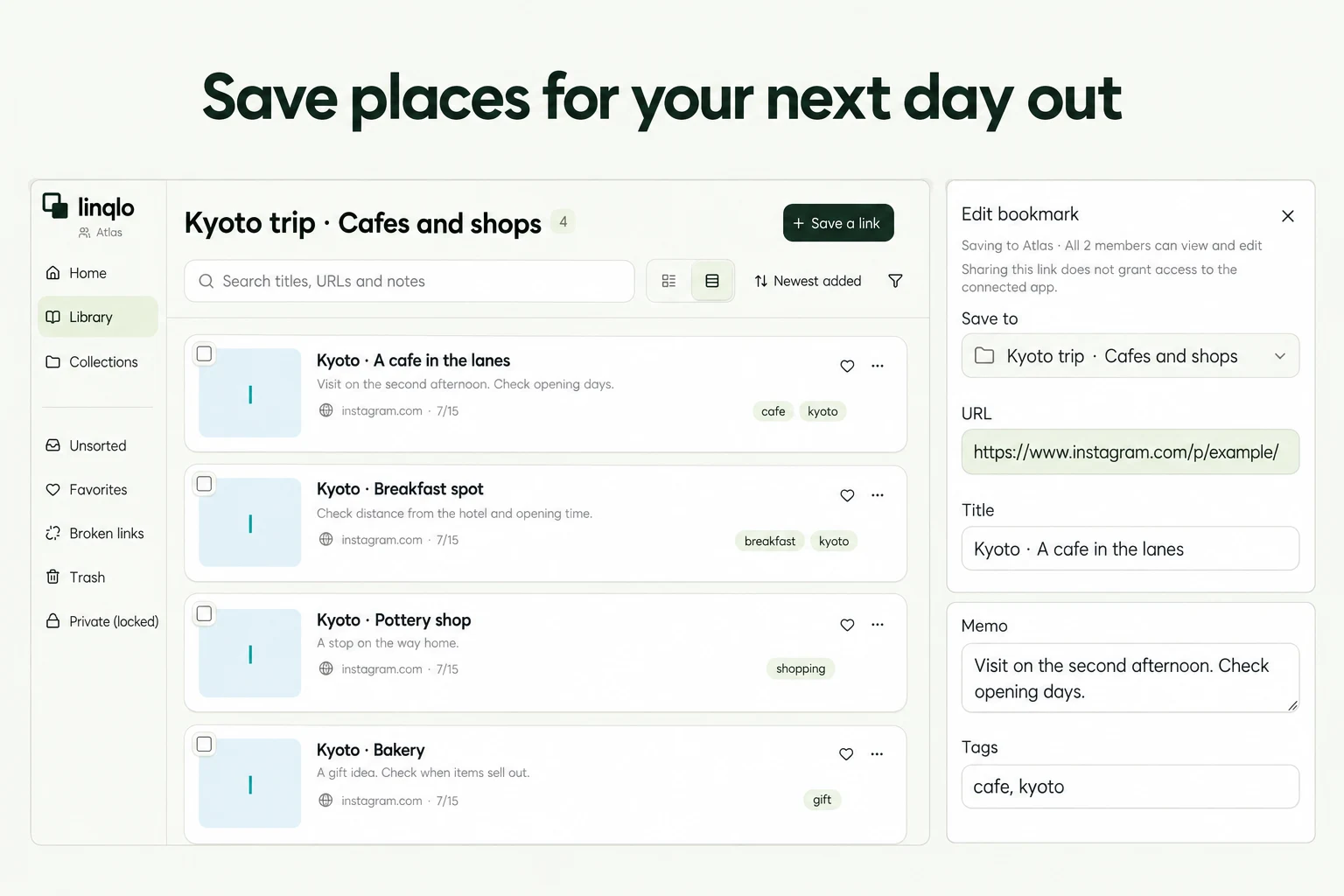 Save places for your next day out — illustration based on actual linqlo screens