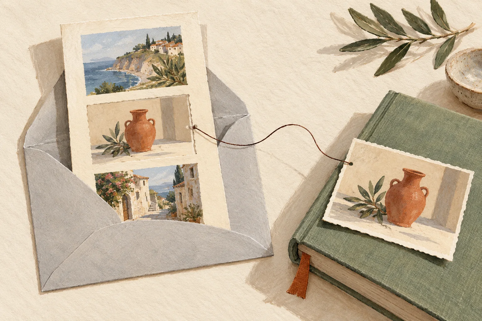 Generated illustration of a picture strip inside an envelope connected by string to a selected pottery card