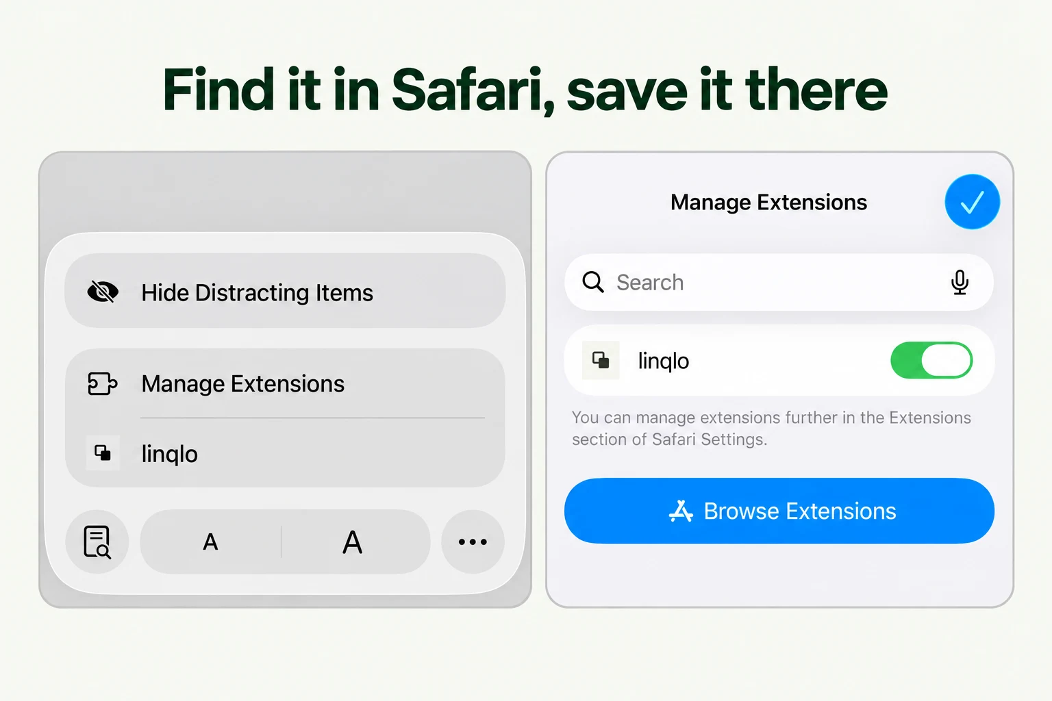 Find it in Safari, save it there — illustration based on actual linqlo screens
