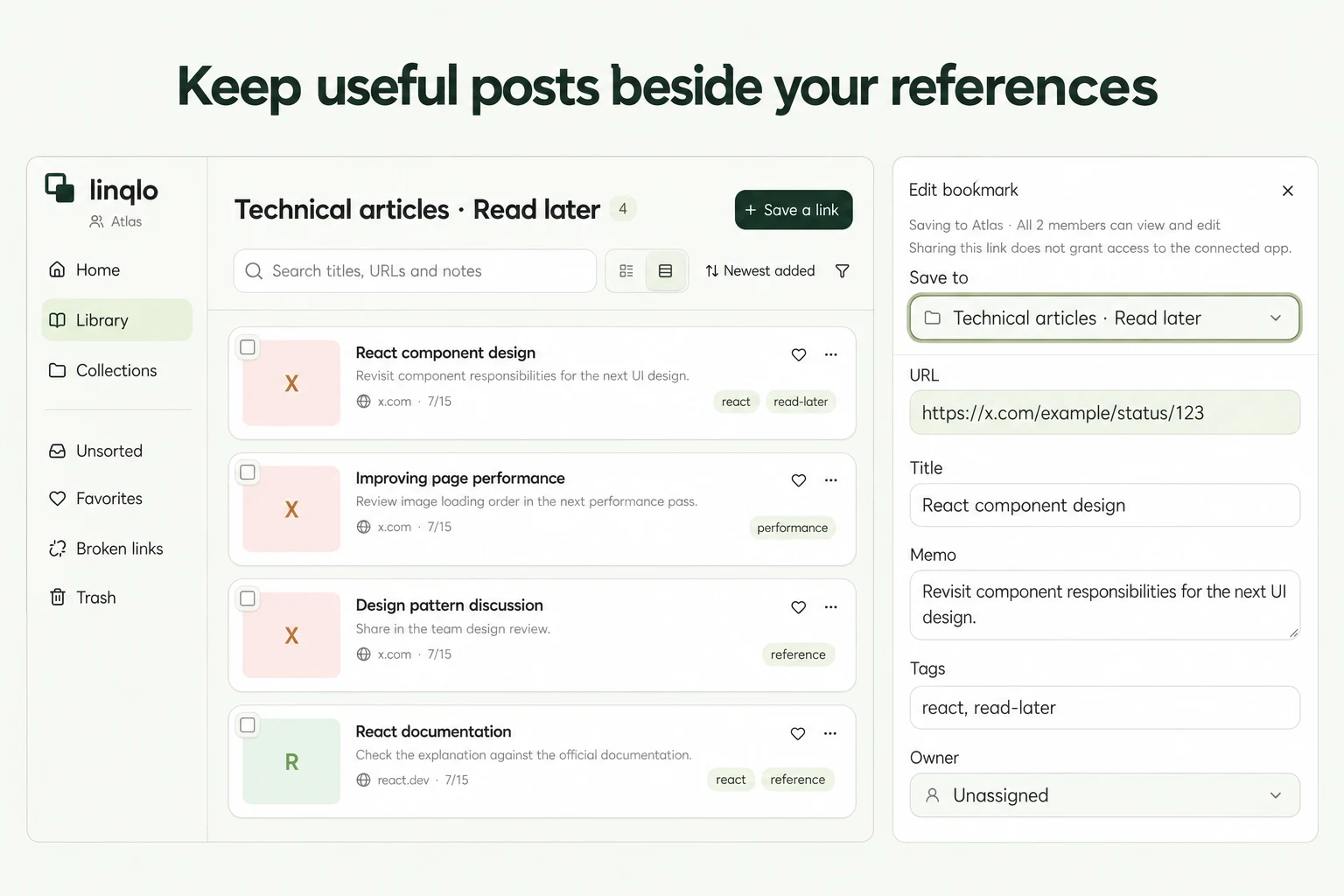 Keep useful posts beside your references — illustration based on actual linqlo screens