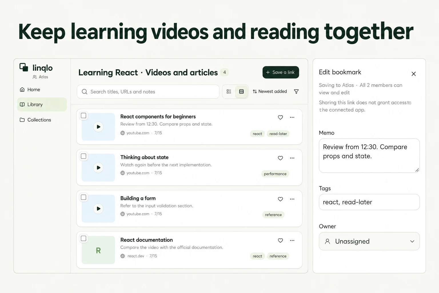Keep learning videos and reading together — illustration based on actual linqlo screens