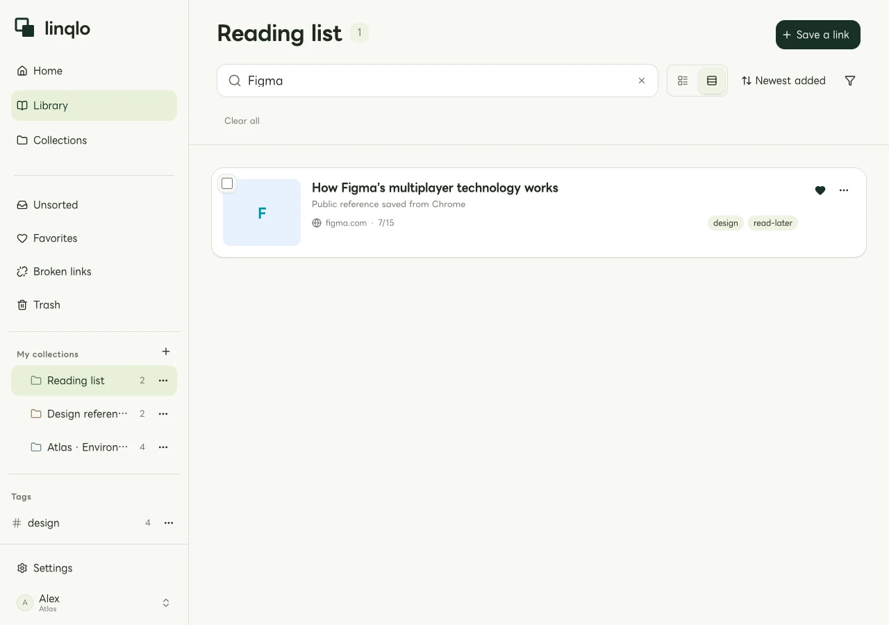 linqlo search results showing one matching link for Figma