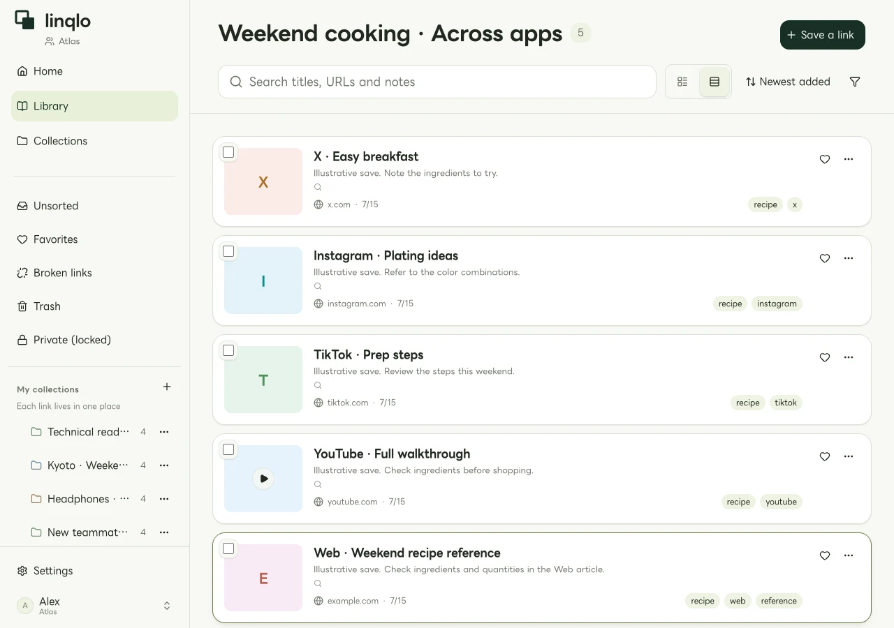 Web collection of cooking links from X, Instagram, TikTok, and YouTube (fictional data)