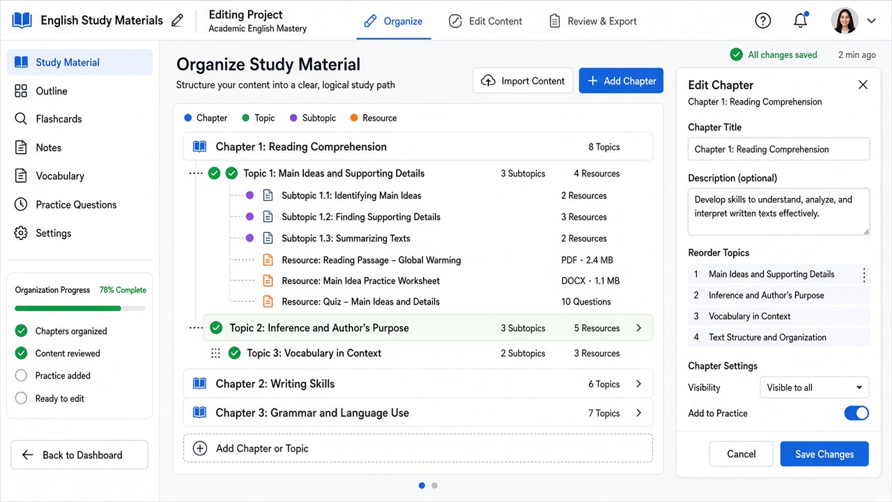 Web editing screen organizing study materials and review notes in linqlo