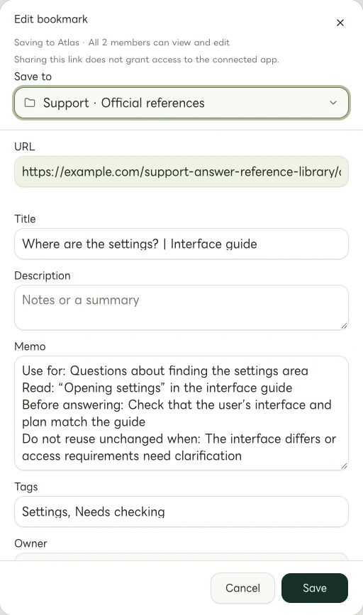 Actual Web edit dialog showing a manually entered memo for Where are the settings? | Interface guide