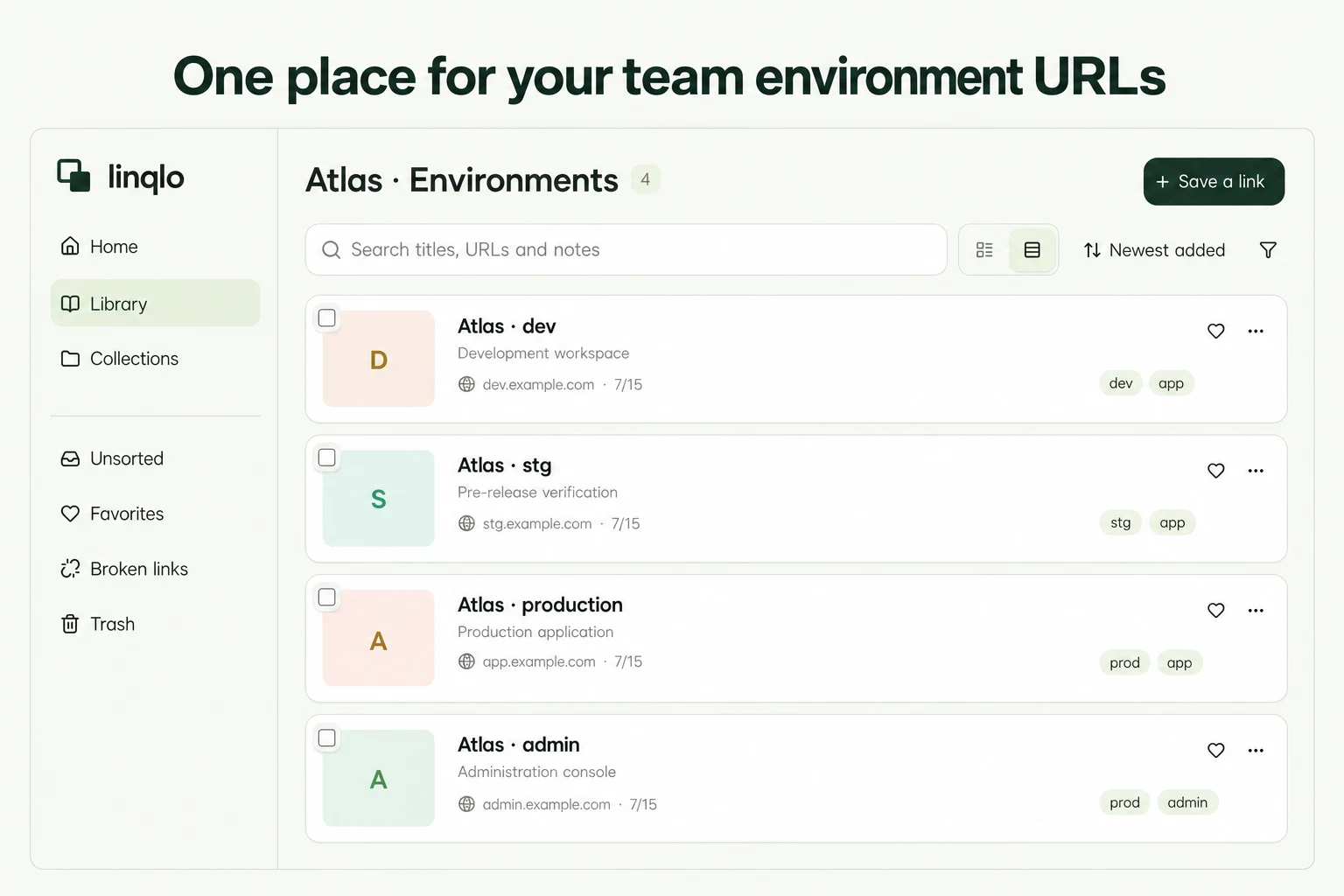One place for your team environment URLs — illustration based on actual linqlo screens