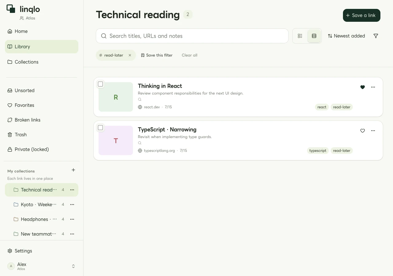 Web list filtered by the read-later tag